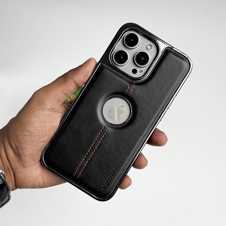 FRATO luxury Case iPhone 15 Pro Max / Black iPhone Middle Stitch PU Leather Side Chrome Case Cover