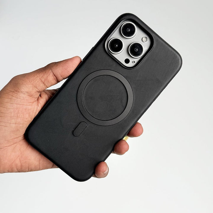 FRATO luxury Case iPhone 15 Pro Max / Black iPhone Premium PU Leather Metal MagSafe Ring Cover