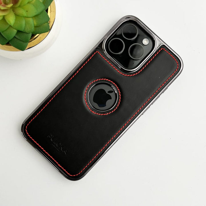 FRATO luxury Case iPhone 15 Pro Max / Black iPhone PU Leather Side Chrome Case Cover