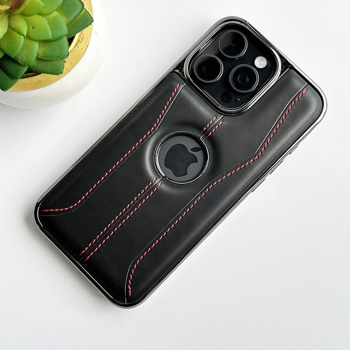 FRATO luxury Case iPhone 15 Pro Max / Black iPhone Stitch PU Leather Side Chrome Case Cover