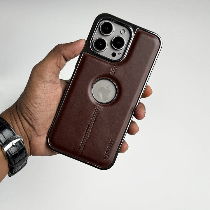 FRATO luxury Case iPhone 15 Pro Max / Dark Brown iPhone Middle Stitch PU Leather Side Chrome Case Cover