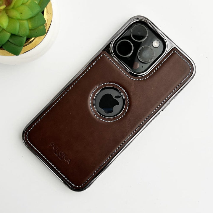 FRATO luxury Case iPhone 15 Pro Max / Dark Brown iPhone PU Leather Side Chrome Case Cover