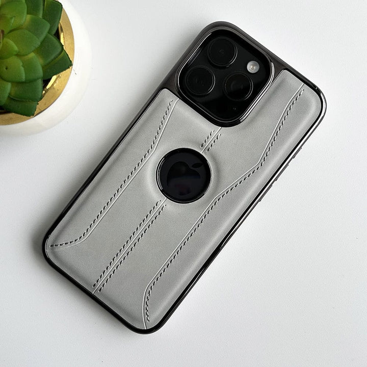 FRATO luxury Case iPhone 15 Pro Max / Gray iPhone Stitch PU Leather Side Chrome Case Cover