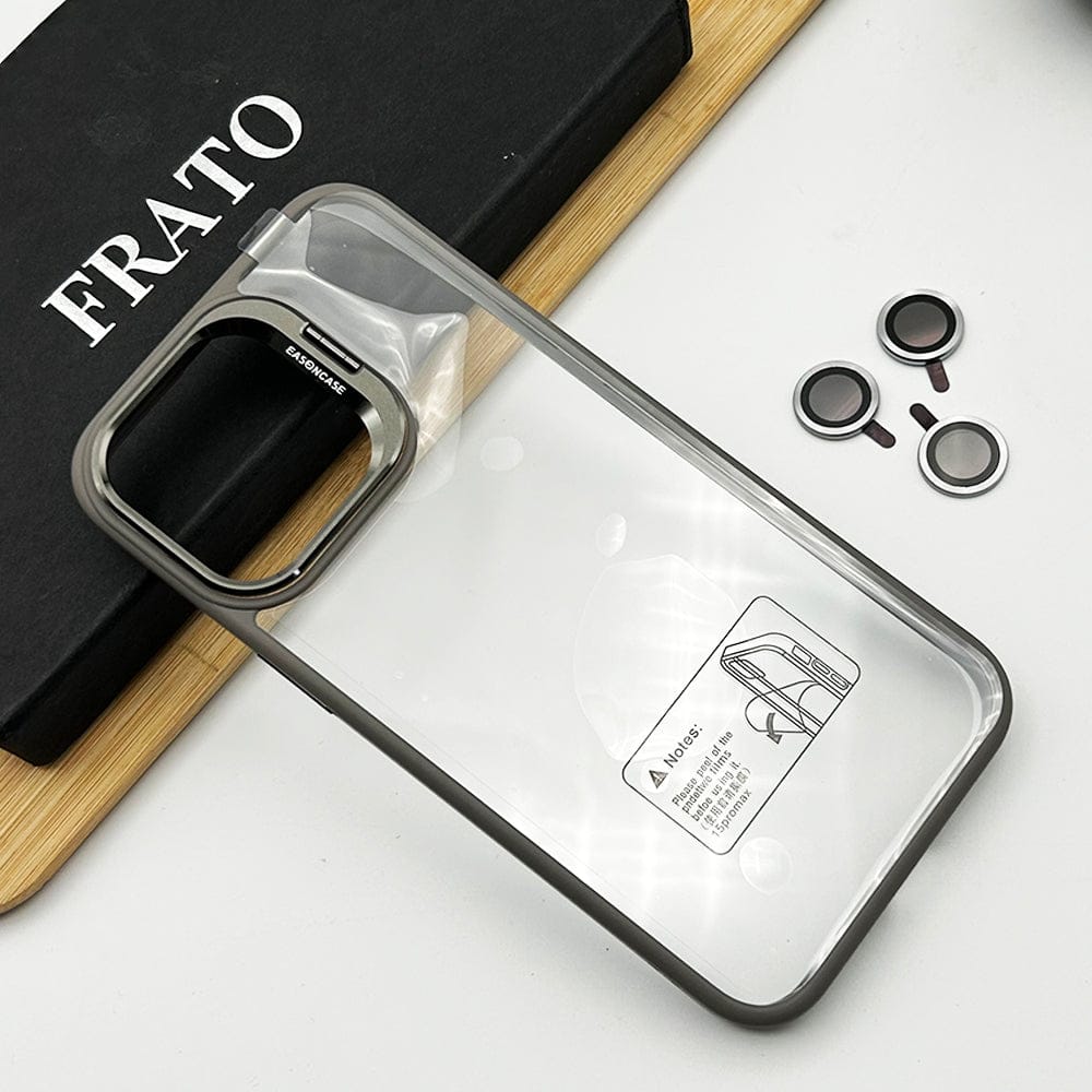 FRATO luxury Case iPhone 15 Pro Max iPhone 15 Series Flip Bracket Lens Protection Case Cover (Grey)