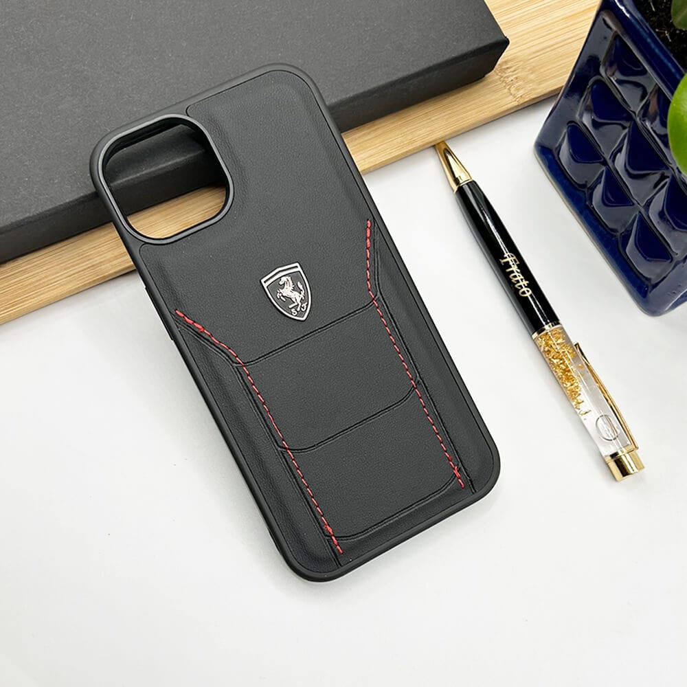 FRATO luxury Case iPhone 15 Pro Max iPhone Ferrari Sports Car Logo Side Stitch Leather Cover Black