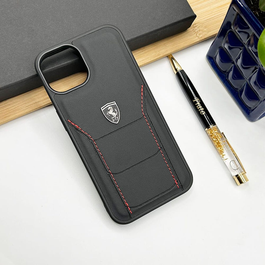FRATO luxury Case iPhone 15 Pro Max iPhone Ferrari Sports Car Logo Side Stitch Leather Cover Black