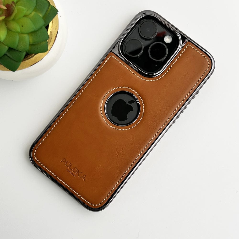 FRATO luxury Case iPhone 15 Pro Max / Light Brown iPhone PU Leather Side Chrome Case Cover