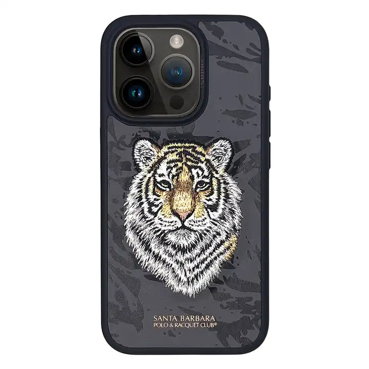 FRATO luxury Case iPhone 15 Pro Max Premium Santa Barbara Savana Tiger Leather Case Cover (Black)