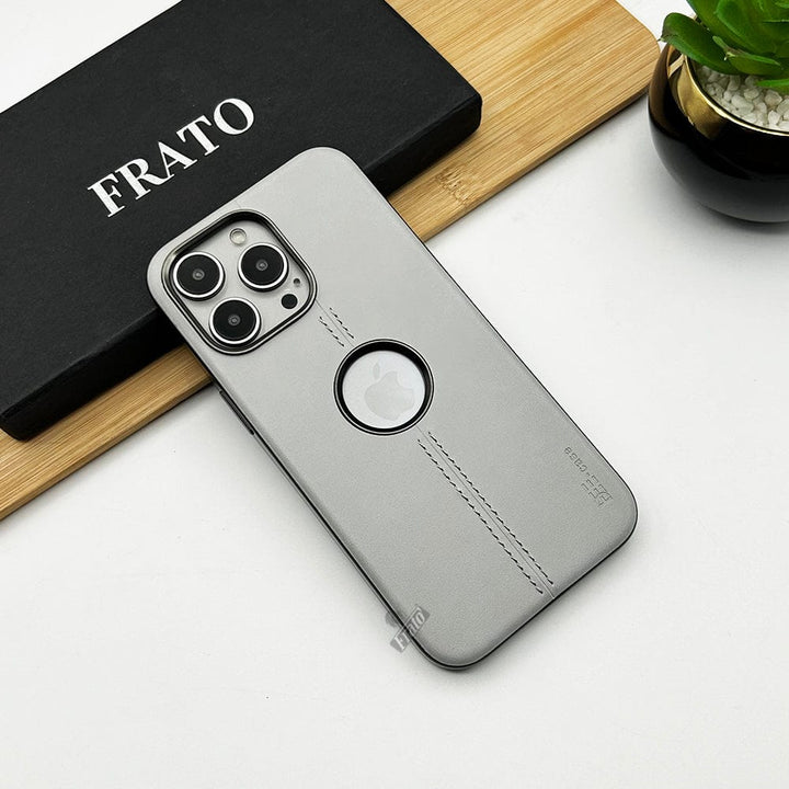 FRATO luxury Case iPhone 15 Pro Max / Silver iPhone 15 series Pu Leather Case With Metal Frame Camera Protection Logocut Cover