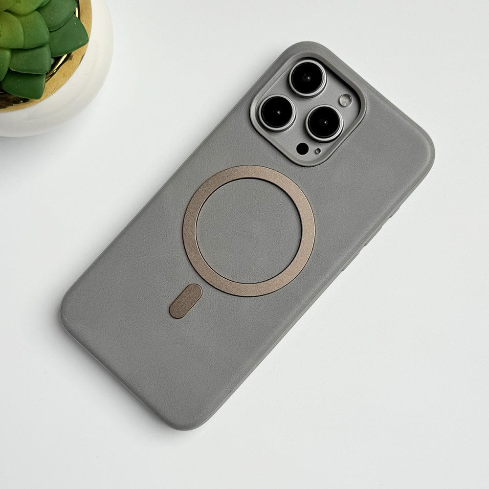 FRATO luxury Case iPhone 15 Pro Max / Titanium Gray iPhone Premium PU Leather Metal MagSafe Ring Cover