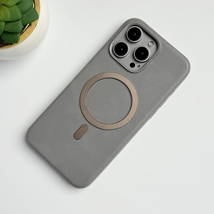 FRATO luxury Case iPhone 15 Pro Max / Titanium Gray iPhone Premium PU Leather Metal MagSafe Ring Cover
