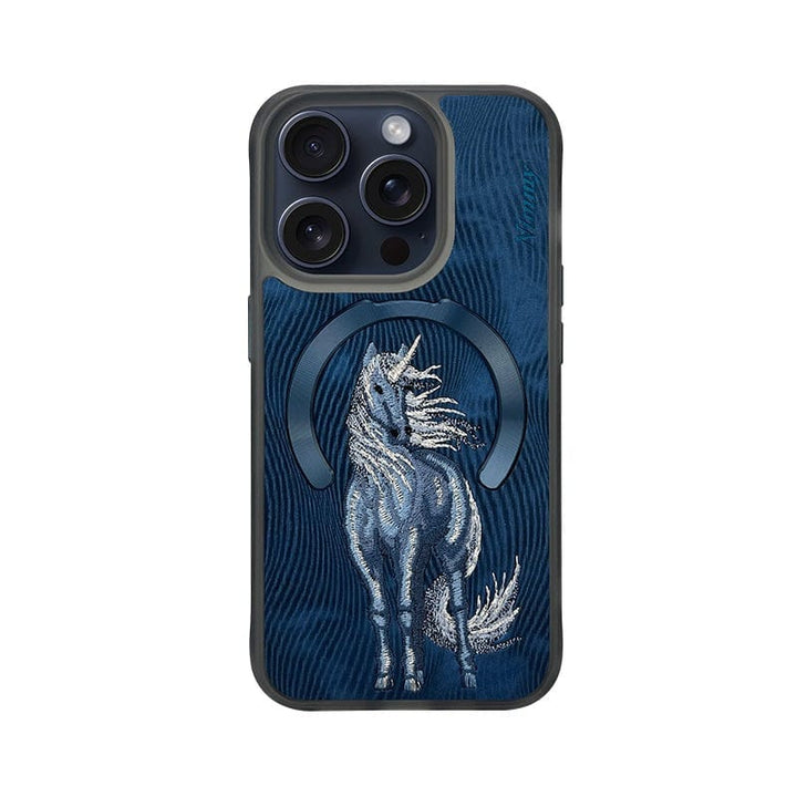 FRATO luxury Case iPhone 15 Pro Max / Unicorn Blue iPhone Premium 3D Luxury Embroidered Animal Series Leather MagSafe Case Cover