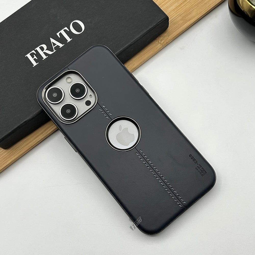 FRATO luxury Case iPhone 15 Pro PU Smooth Leather Case With Metal Frame Camera Protection Logo Cut Cover(Dark Blue)