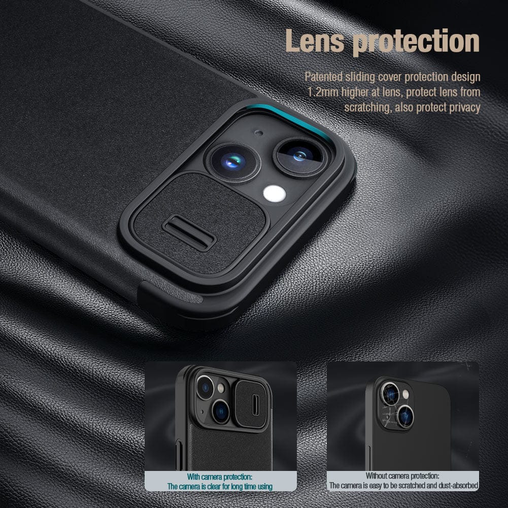 FRATO luxury Case iPhone 15 Pro Series Nillkin Qin Pro Plain Leather+Cloth Flip case Cover (Black)