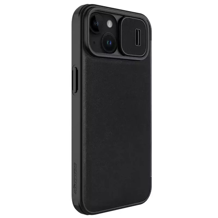 FRATO luxury Case iPhone 15 Pro Series Nillkin Qin Pro Plain Leather+Cloth Flip case Cover (Black)