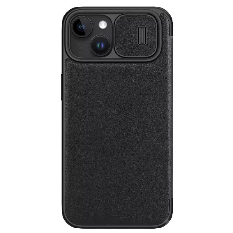 FRATO luxury Case iPhone 15 Pro Series Nillkin Qin Pro Plain Leather+Cloth Flip case Cover (Black)