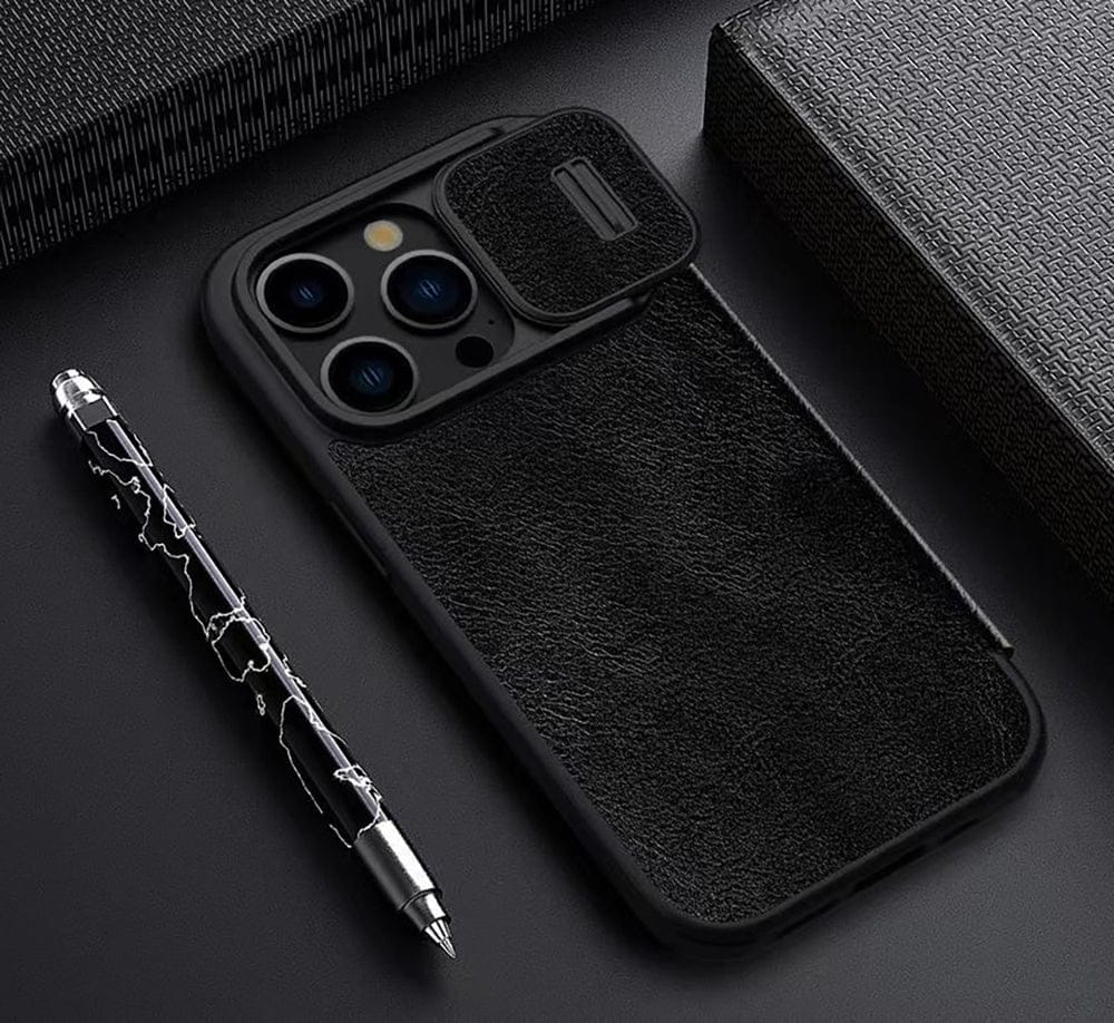 FRATO luxury Case iPhone 15 Pro Series Nillkin Qin Pro Plain Leather+Cloth Flip case Cover (Black)