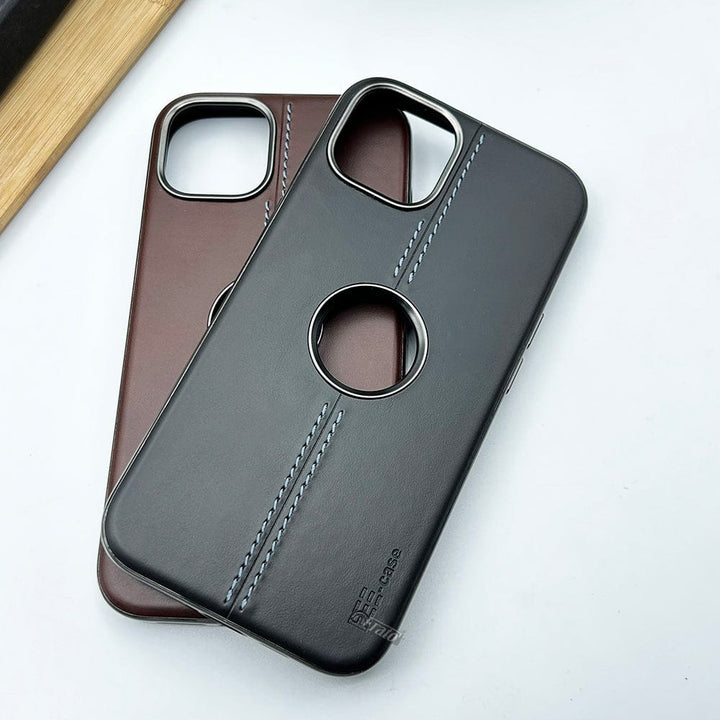 FRATO luxury Case iPhone 15 PU Smooth Leather Case With Metal Frame Camera Protection Logo cut Cover(Black)
