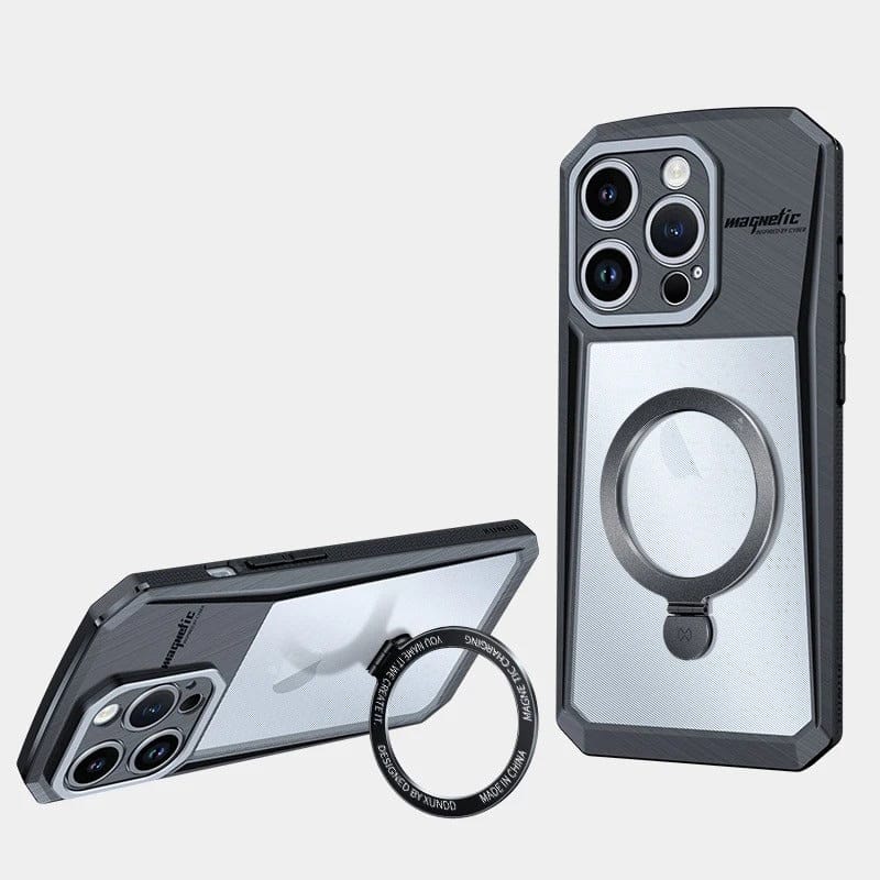 FRATO luxury Case iPhone 15 Series Airbag Shockproof Bumper Shell Cyber Magnetic Holder Series Case Cover(Black)