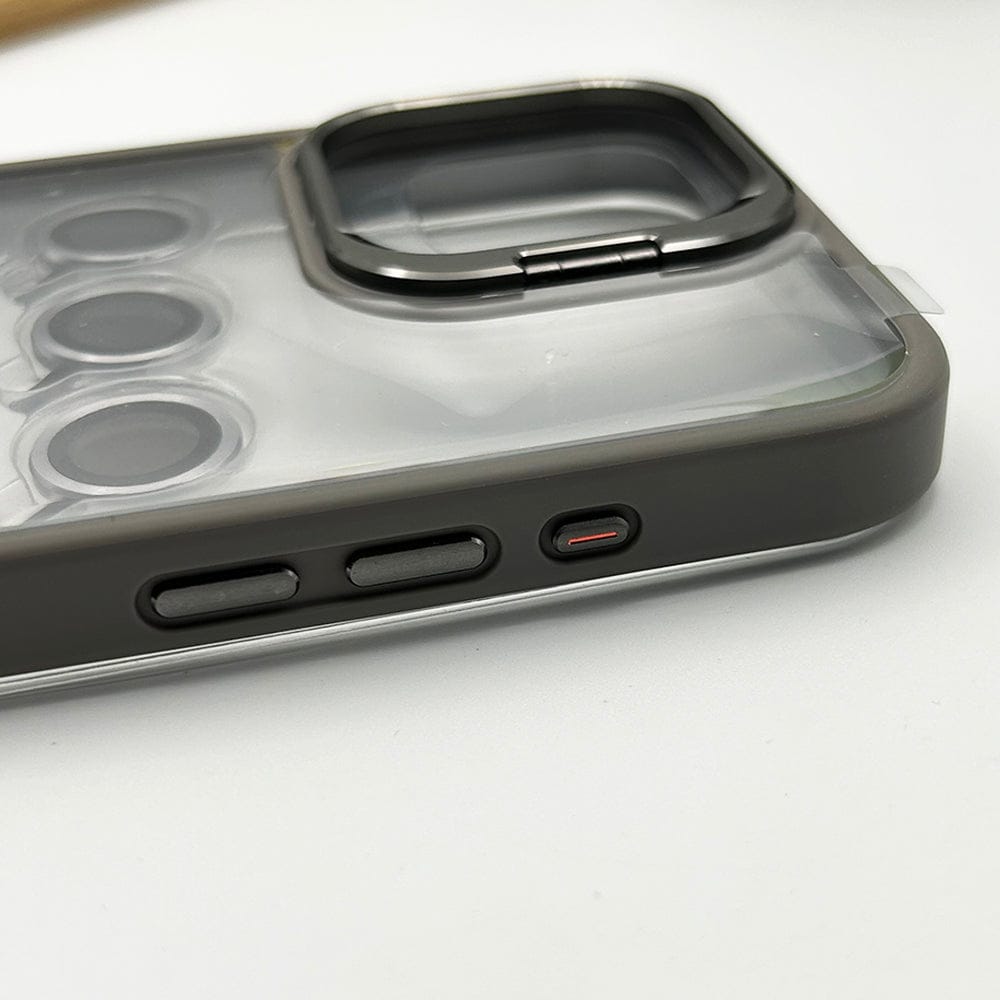 FRATO luxury Case iPhone 15 Series Flip Bracket Lens Protection Case Cover (Grey)
