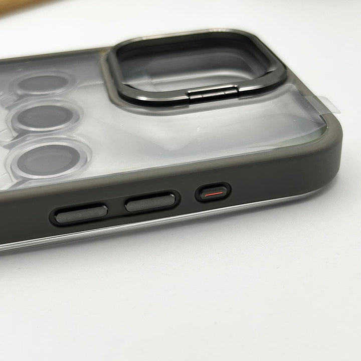 FRATO luxury Case iPhone 15 Series Flip Bracket Lens Protection Case Cover (Grey)
