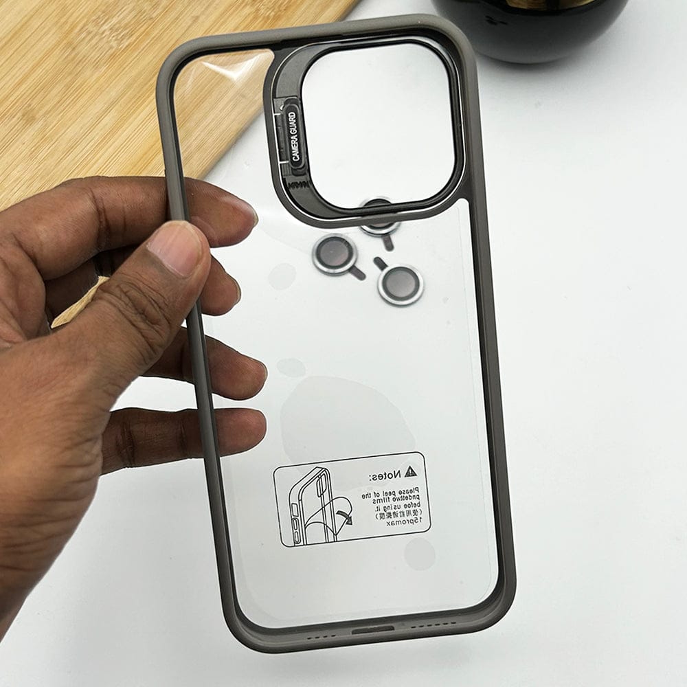FRATO luxury Case iPhone 15 Series Flip Bracket Lens Protection Case Cover (Grey)