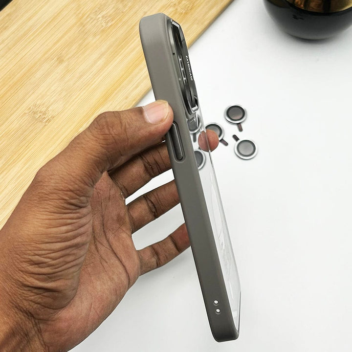 FRATO luxury Case iPhone 15 Series Flip Bracket Lens Protection Case Cover (Grey)