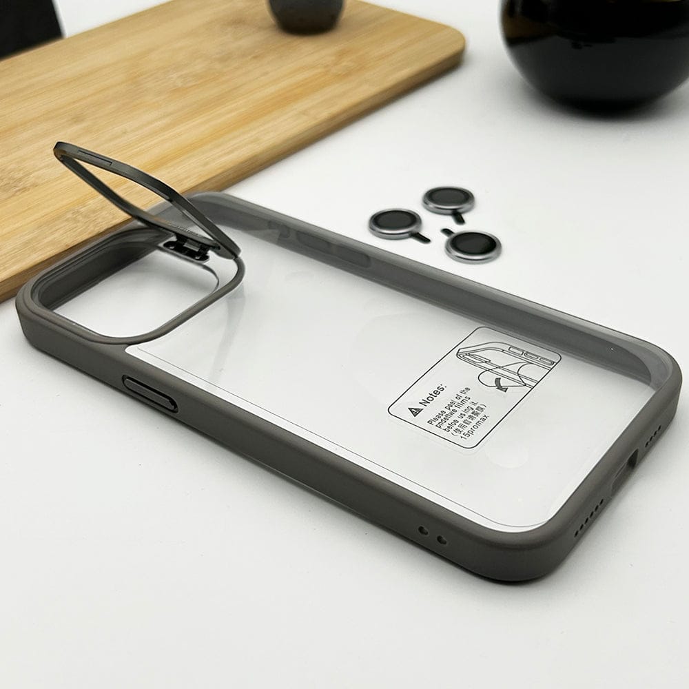 FRATO luxury Case iPhone 15 Series Flip Bracket Lens Protection Case Cover (Grey)