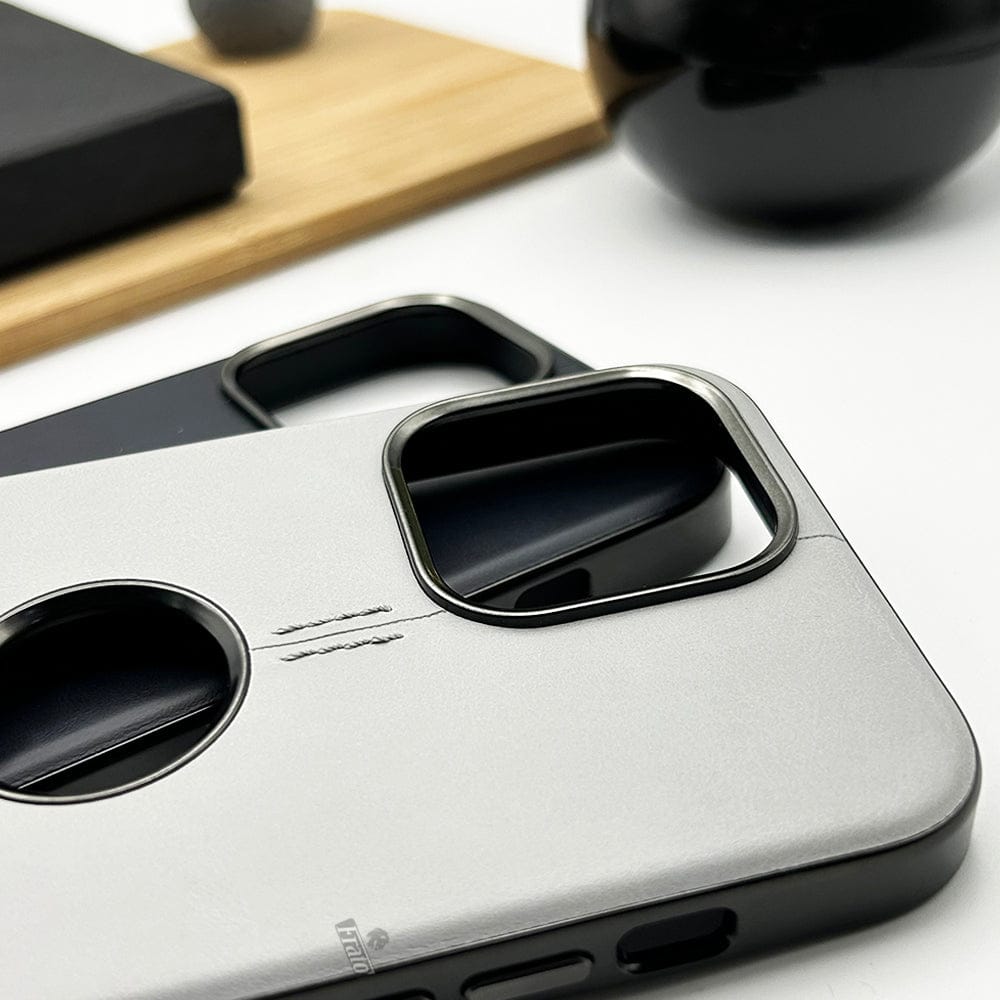 FRATO luxury Case iPhone 15 series Pu Leather Case With Metal Frame Camera Protection Logocut Cover