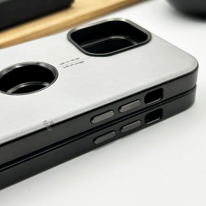 FRATO luxury Case iPhone 15 series Pu Leather Case With Metal Frame Camera Protection Logocut Cover