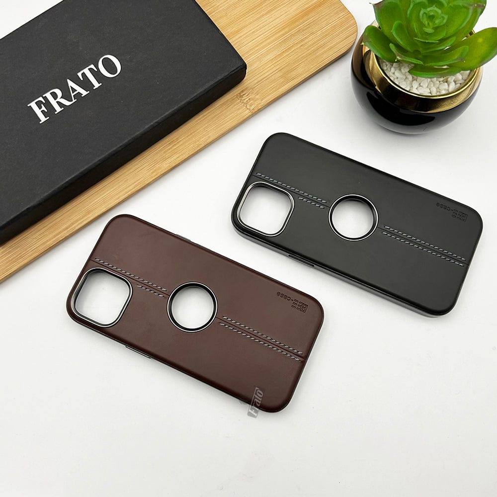 FRATO luxury Case iPhone 15 series Pu Smooth Leather Case With Metal Frame Camera Protection Logocut Cover
