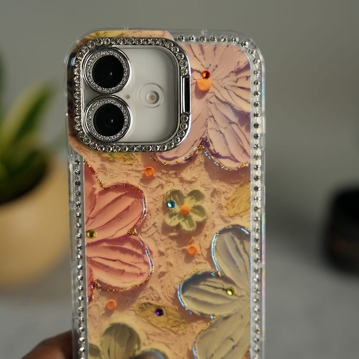 FRATO luxury Case iPhone 16 iPhone Luxury 3D Oil Painting Floral Design Glitter Lens Protection Stand Cover | Orange