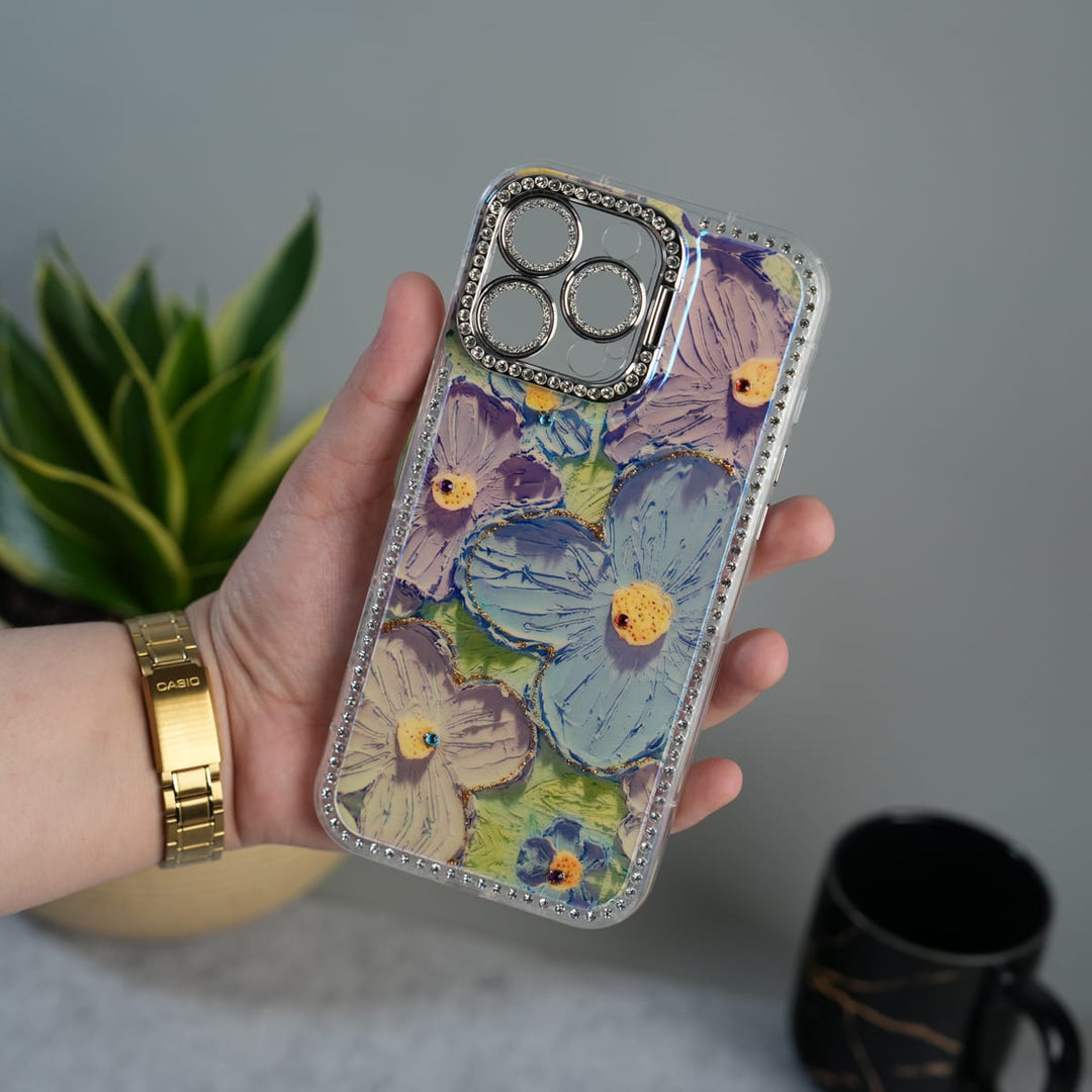 FRATO luxury Case iPhone 16 Pro iPhone Luxury 3D Oil Painting Floral Design Glitter Lens Protection Stand Cover | Green