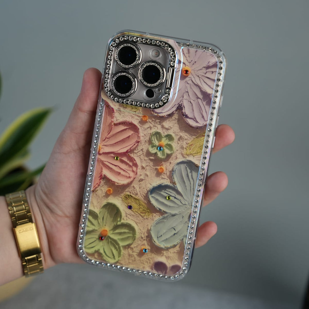 FRATO luxury Case iPhone 16 Pro iPhone Luxury 3D Oil Painting Floral Design Glitter Lens Protection Stand Cover | Orange