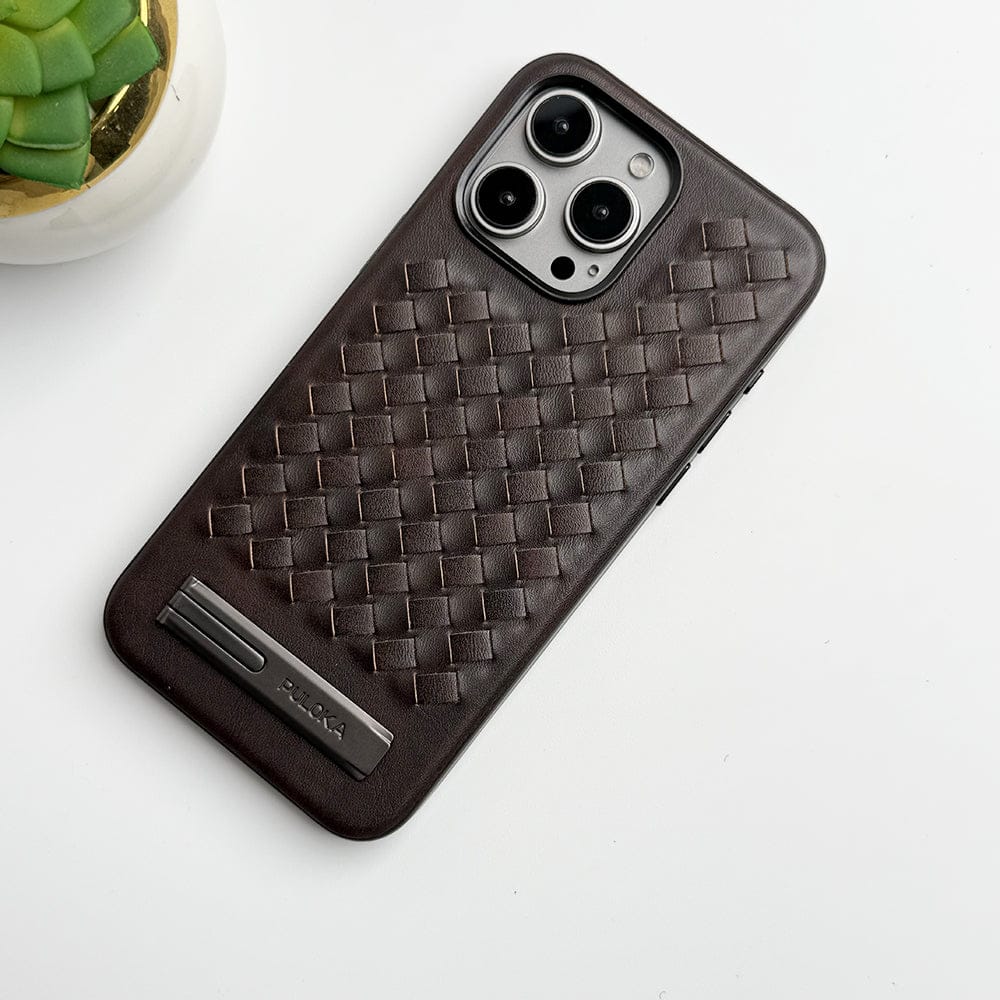 FRATO luxury Case iPhone 16 Pro Max / Brown iPhone 16 Series Weave Leather with Metal Kickstand Slim Back Cover