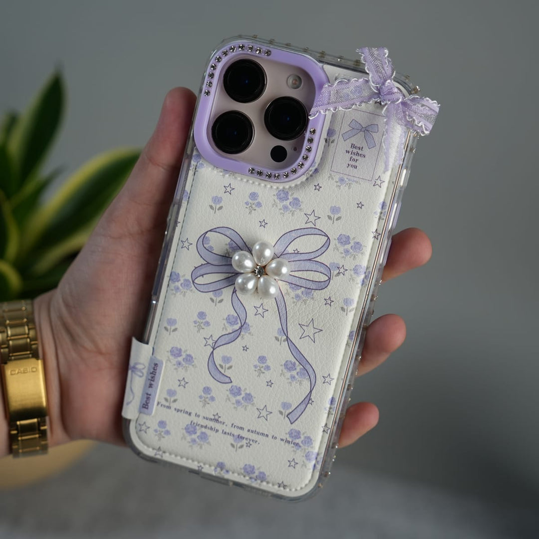 FRATO luxury Case iPhone 16 Pro Max iPhone Cute Bow Pearl Case | Lavender Aesthetic Designer Cover