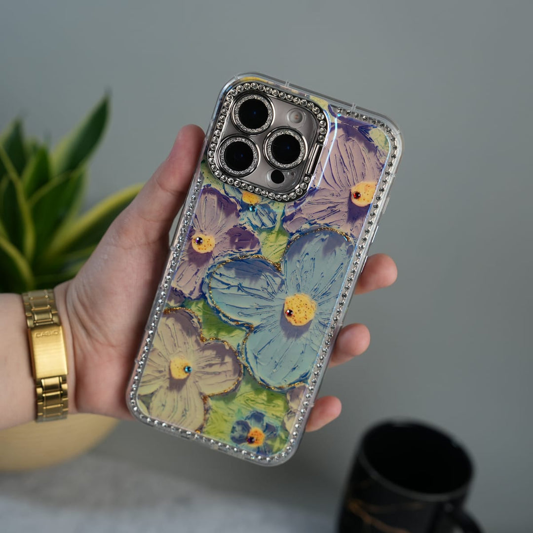 FRATO luxury Case iPhone 16 Pro Max iPhone Luxury 3D Oil Painting Floral Design Glitter Lens Protection Stand Cover | Green
