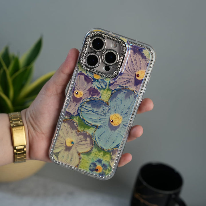 FRATO luxury Case iPhone 16 Pro Max iPhone Luxury 3D Oil Painting Floral Design Glitter Lens Protection Stand Cover | Green