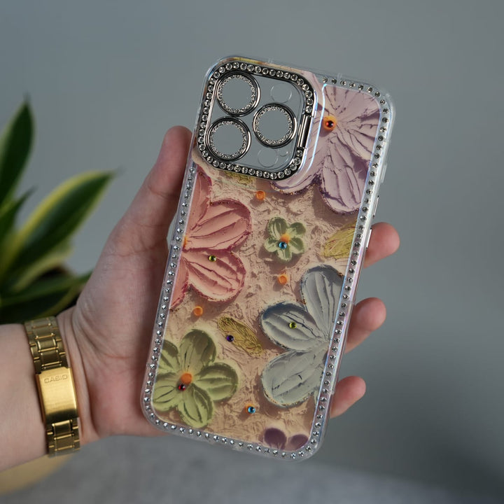 FRATO luxury Case iPhone 16 Pro Max iPhone Luxury 3D Oil Painting Floral Design Glitter Lens Protection Stand Cover | Orange