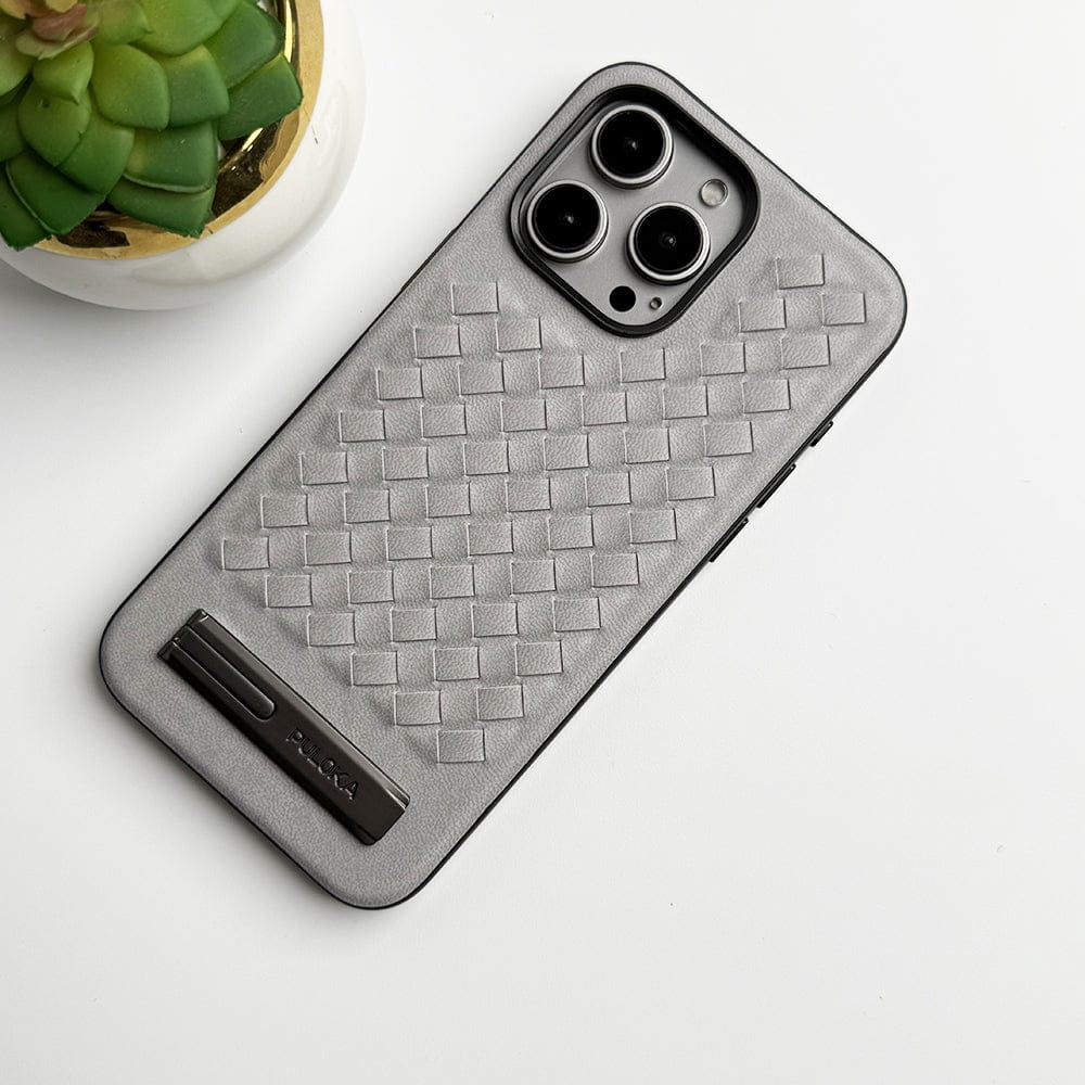 FRATO luxury Case iPhone 16 Pro Max / Titanium Gray iPhone 16 Series Weave Leather with Metal Kickstand Slim Back Cover