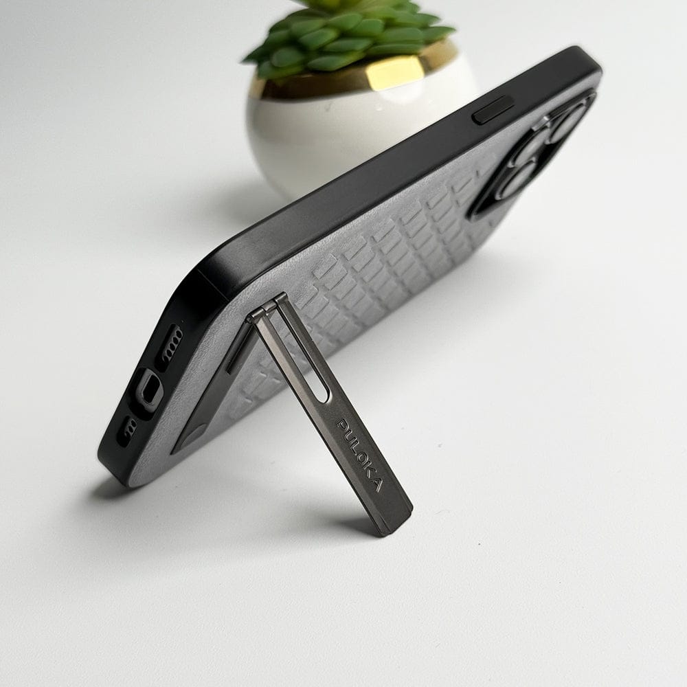 FRATO luxury Case iPhone 16 Series Weave Leather with Metal Kickstand Slim Back Cover