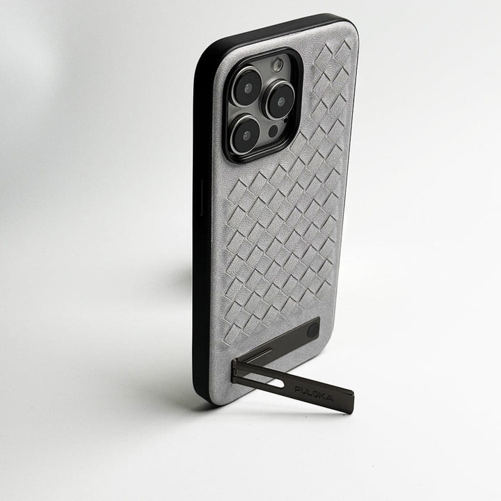 FRATO luxury Case iPhone 16 Series Weave Leather with Metal Kickstand Slim Back Cover