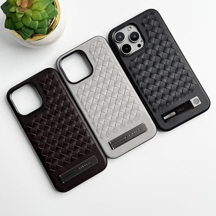 FRATO luxury Case iPhone 16 Series Weave Leather with Metal Kickstand Slim Back Cover
