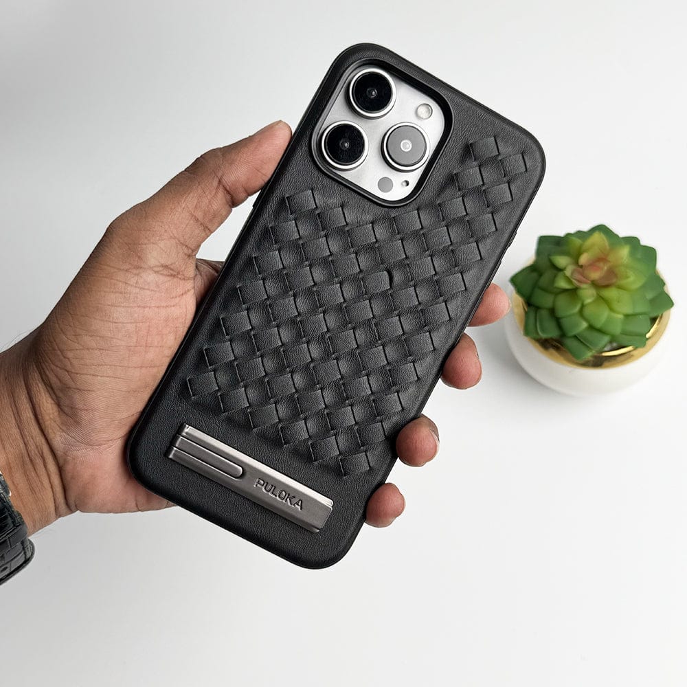 FRATO luxury Case iPhone 16 Series Weave Leather with Metal Kickstand Slim Back Cover