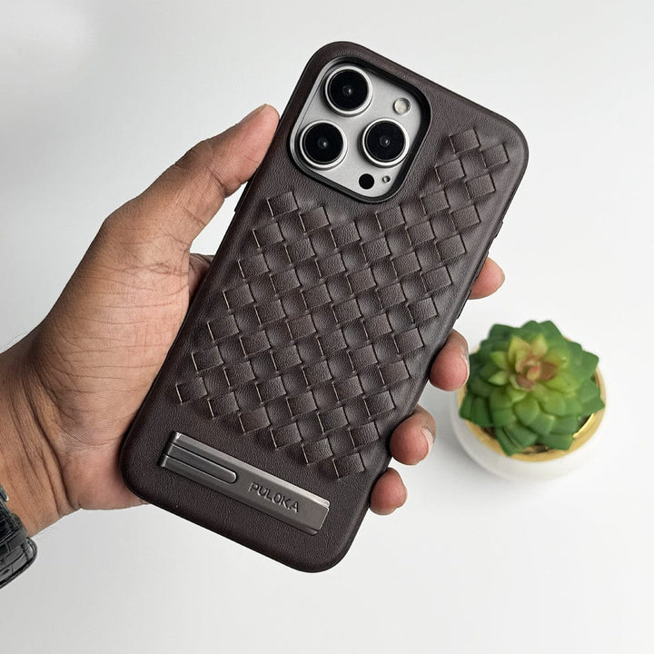 FRATO luxury Case iPhone 16 Series Weave Leather with Metal Kickstand Slim Back Cover