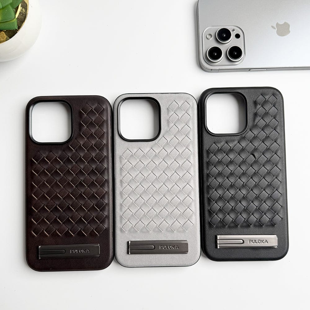FRATO luxury Case iPhone 16 Series Weave Leather with Metal Kickstand Slim Back Cover
