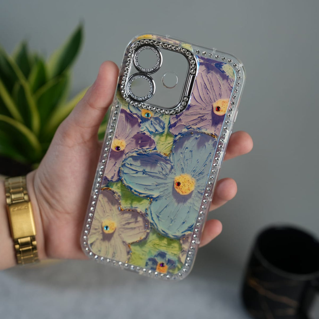 FRATO luxury Case iPhone 17 iPhone Luxury 3D Oil Painting Floral Design Glitter Lens Protection Stand Cover | Green