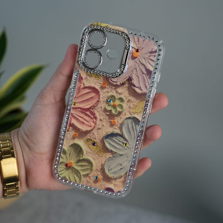 FRATO luxury Case iPhone 17 iPhone Luxury 3D Oil Painting Floral Design Glitter Lens Protection Stand Cover | Orange