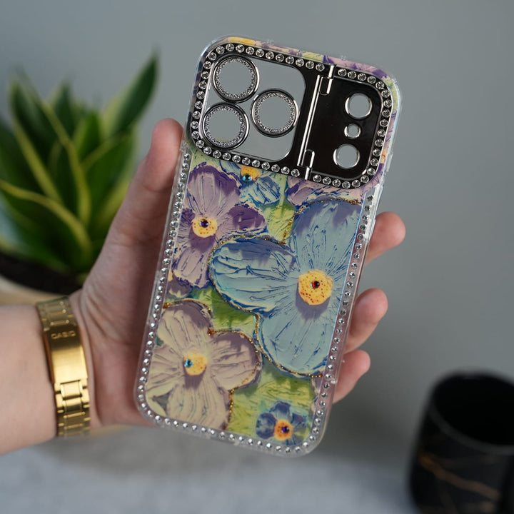FRATO luxury Case iPhone 17 Pro iPhone Luxury 3D Oil Painting Floral Design Glitter Lens Protection Stand Cover | Green