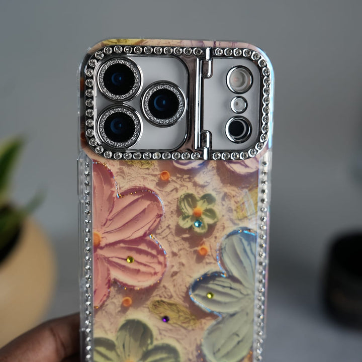 FRATO luxury Case iPhone 17 Pro iPhone Luxury 3D Oil Painting Floral Design Glitter Lens Protection Stand Cover | Orange